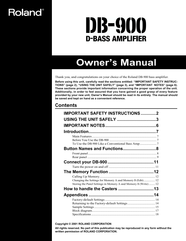 Roland DB-900 D-Bass Amplifier Owner's Manual - Page 1
