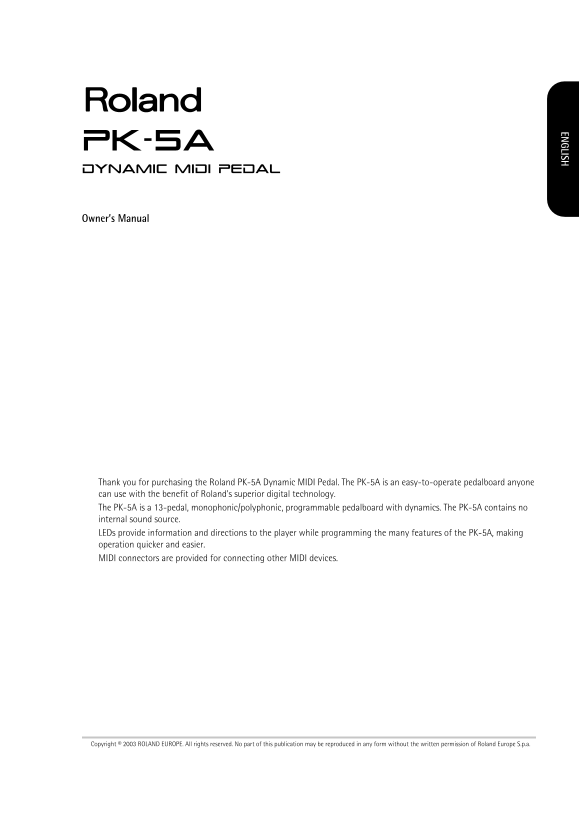Roland PK-5 Dynamic Foot Pedal Owner's Manual - Page 1