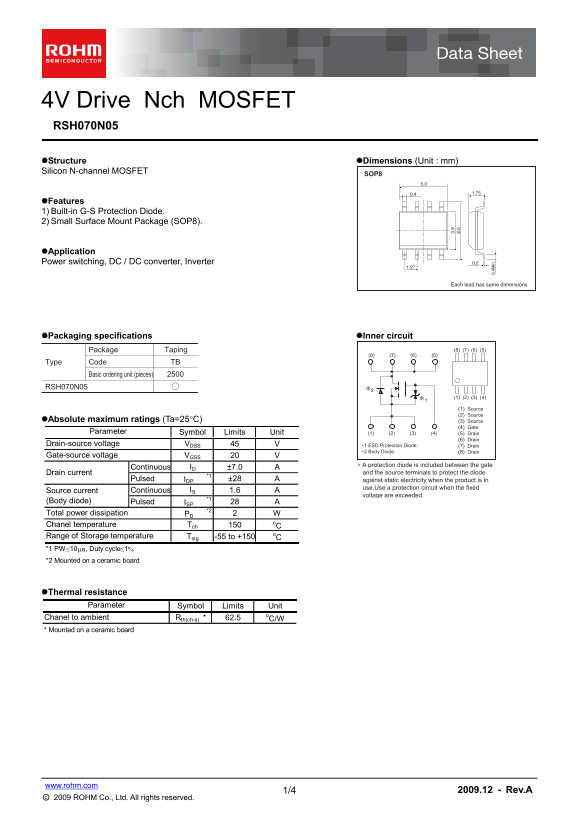 ROHM RSH070N05 Product Specifications and User Guide - Page 1