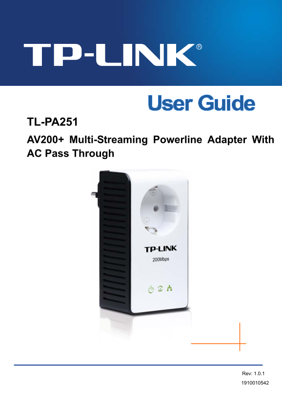 TP-Link TL-PA251 AV200+ Multi-Streaming Powerline Adapter with AC Pass-through User Guide - Page 1