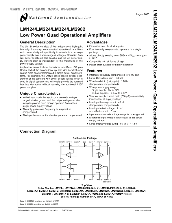National Semiconductor LM124 LM224 LM324 LM2902 Low Power Quad Operational Amplifiers - Page 1