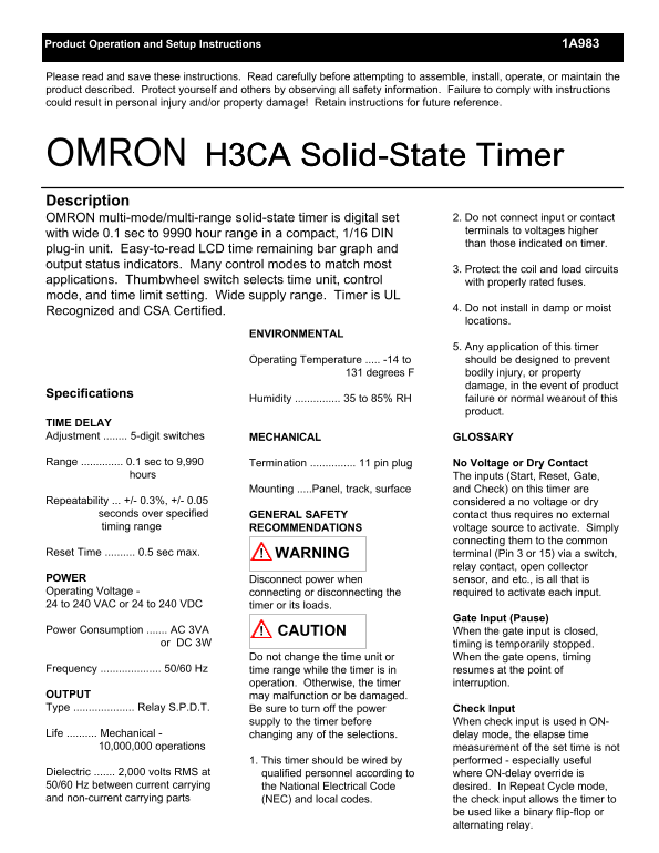 Omron H3CA Solid-state Timer User's Manual - Page 1