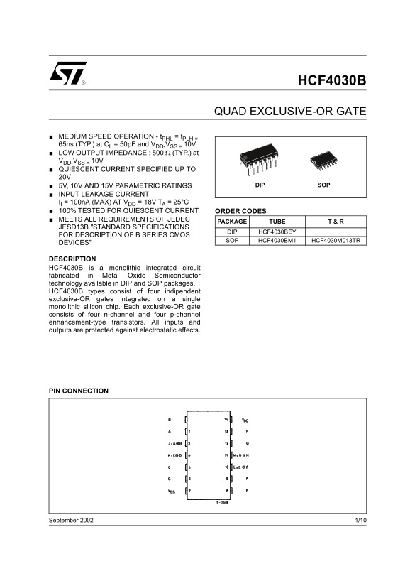 ST HCF4030B QUAD EXCLUSIVE-OR GATE Data Sheet - Page 1