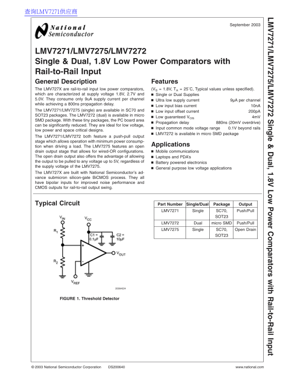 National Semiconductor LMV7271 LMV7275 LMV7272 Single & Dual, 1.8V Low Power Comparators with Rail-to-Rail Input - Page 1