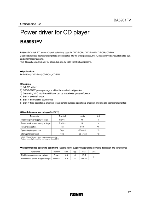 ROHM Power driver for CD player BA5961FV Owner's Manual User Guide - Page 1