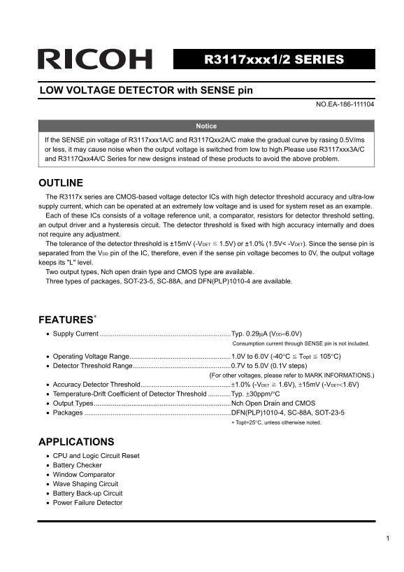 RICOH R3117xxx1 2 SERIES LOW VOLTAGE DETECTOR with SENSE pin User Manual & Data Sheet - Page 1