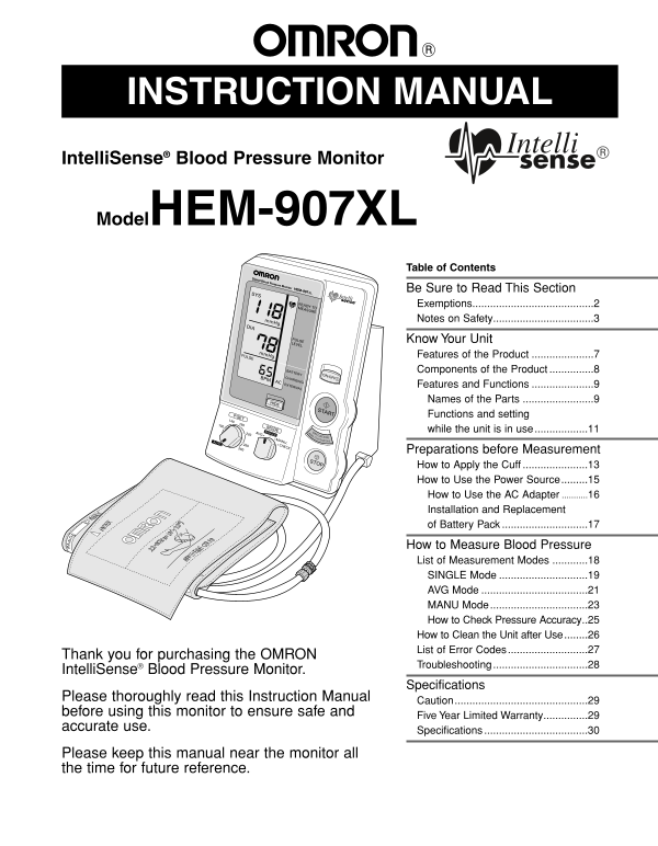 OMRON HEM-907XL IntelliSense Blood Pressure Monitor Instruction Manual - Page 1