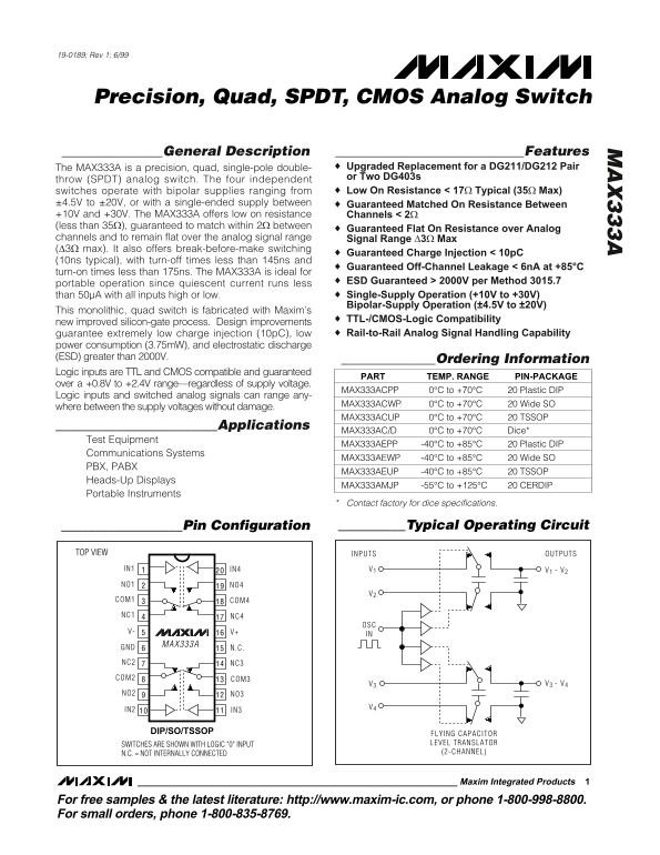 MAXIM MAX333A Precision, Quad, SPDT, CMOS Analog Switch Data Sheet/Manual - Page 1
