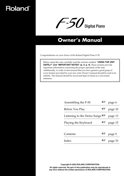 Roland F-50 Digital Piano Owner's Manual User Guide - Page 1