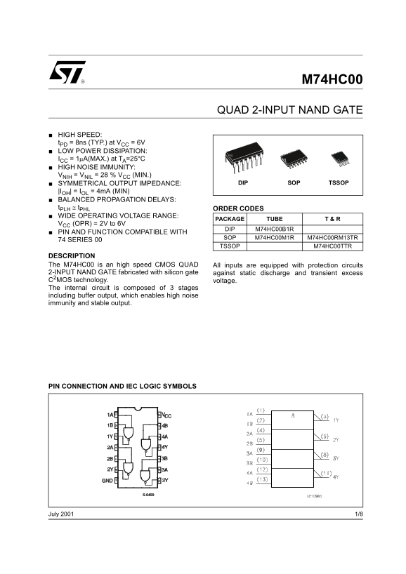 STM M74HC00 Quad 2-Input NAND Gate Data Sheet Manual - Page 1