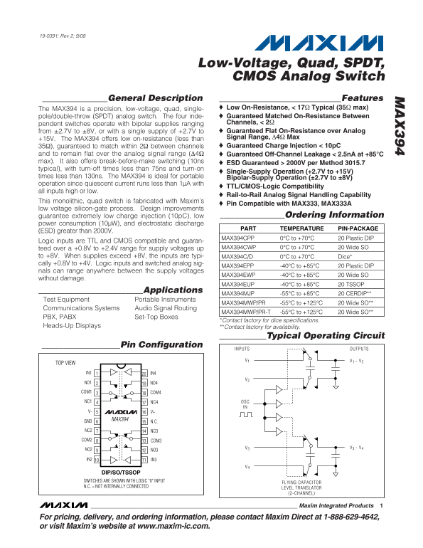 MAXIM MAX394 Low-Voltage, Quad, SPDT, CMOS Analog Switch Data Sheet  - User Manual - Page 1