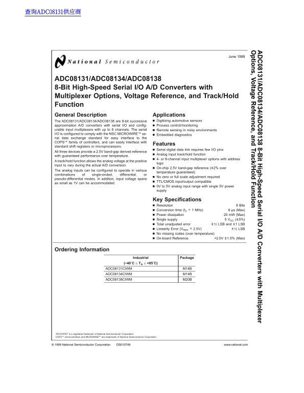 National Semiconductor ADC08131 ADC08134 ADC08138 8-Bit High-Speed Serial I/O A/D Converters with Multiplexer Options, Voltage Reference, and Track-Hold Function - Page 1