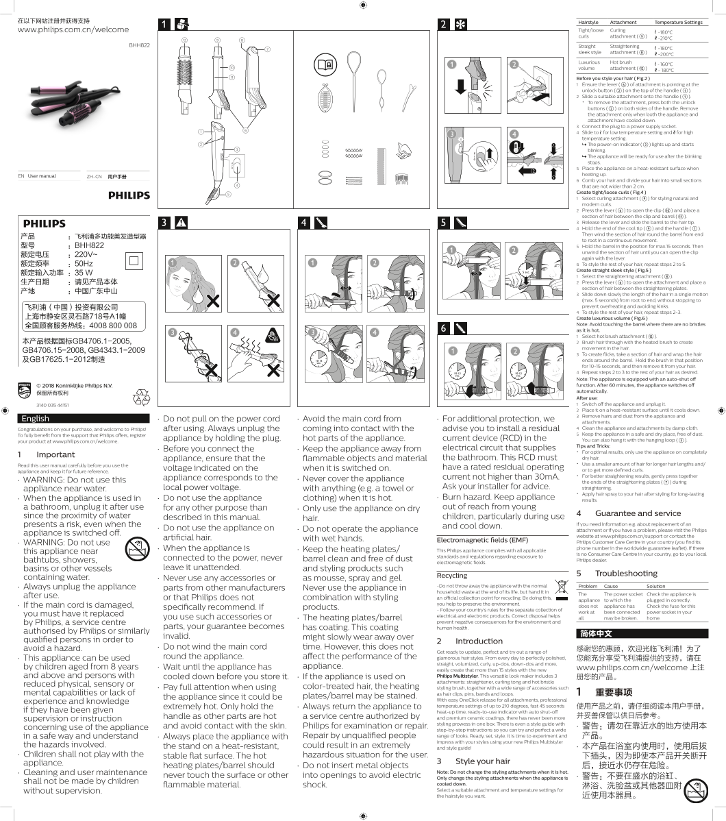 Philips StyleCare Multi-functional Hair Styling Tool - Hair Curler, Flat Iron, Straightener BHH822 05 Product Support & User Manual - Page 1
