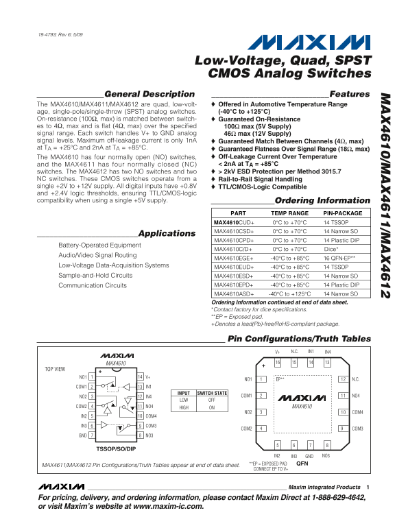 MAXIM MAX4610 MAX4611 MAX4612 Low-Voltage, Quad, SPST CMOS Analog Switches Data Sheet User Manual - Page 1
