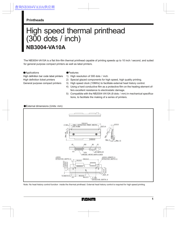 ROHM High Speed Thermal Printhead (300 Dots per Inch) NB3004-VA10A Data Sheet - Page 1