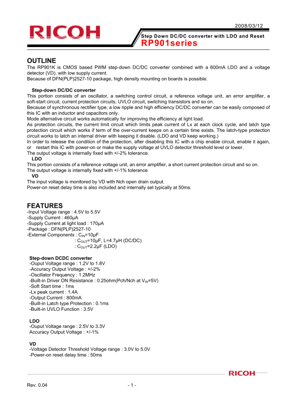 RICOH Step Down DC DC Converter with LDO and Reset RP901 Series User Guide - Page 1