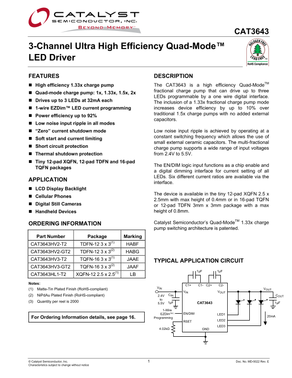 Catalyst Semiconductor CAT3643 3-Channel Ultra High Efficiency Quad-Mode LED Driver Handbook - Page 1