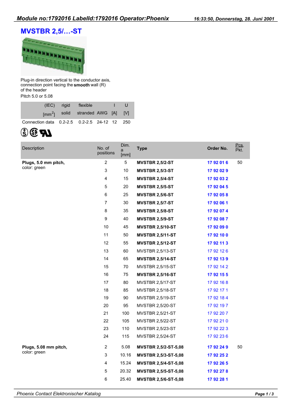 Phoenix CONTACT Module No. 1792016 Label ID 1792016 Operator Phoenix MVSTBR 2,5 ... -ST Data Handbook User Manual - Page 1