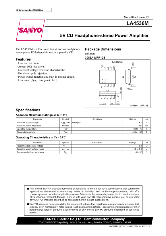 SANYO LA4536M Data Sheet - Page 1