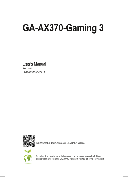 Gigabyte Motherboard GA-AX370-Gaming 3 (rev.1.x) User Manual in English (version 1001) - Page 1