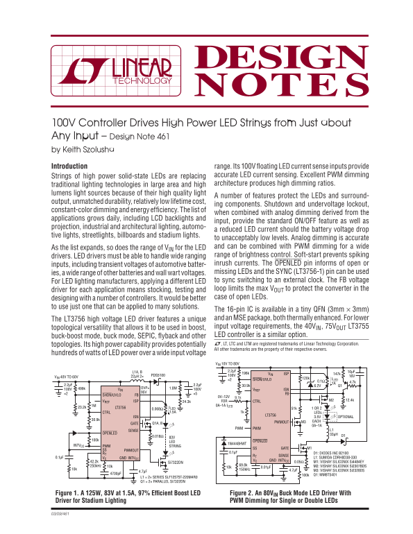 LINEAR 100V Controller Drives High Power LED Strings - From Nearly Any Input - Design Note 461 by Keith Szolusha - Page 1
