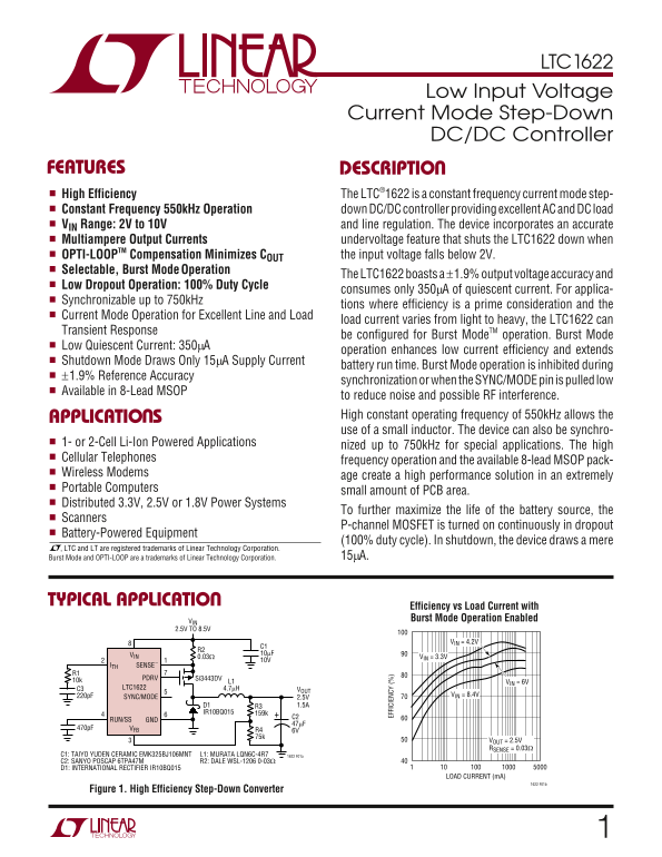 LINEAR TECHNOLOGY LTC1622 Low Input Voltage Current Mode Step-Down DC DC Controller Data Sheet User Manual - Page 1