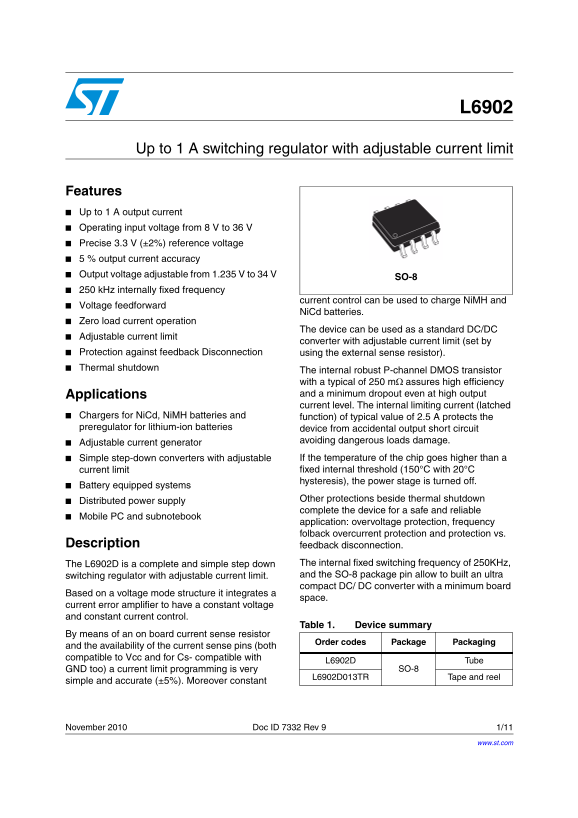 ST L6902 Up to 1 A Switching Regulator with Adjustable Current Limit - Page 1