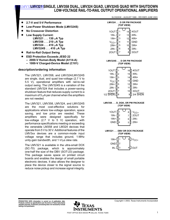 Texas Instrument LMV321 SINGLE, LMV358 DUAL, LMV324 QUAD, LMV324S QUAD WITH SHUTDOWN LOW-VOLTAGE DATA MANUALS AND USER GUIDES - Page 1