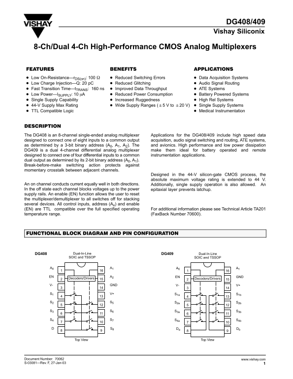Vishay DG408 409 Specifications and User Guide - Page 1