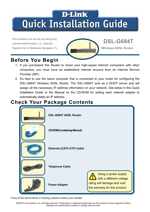 D-Link DSL- G684T Quick Installation Guide - Page 1