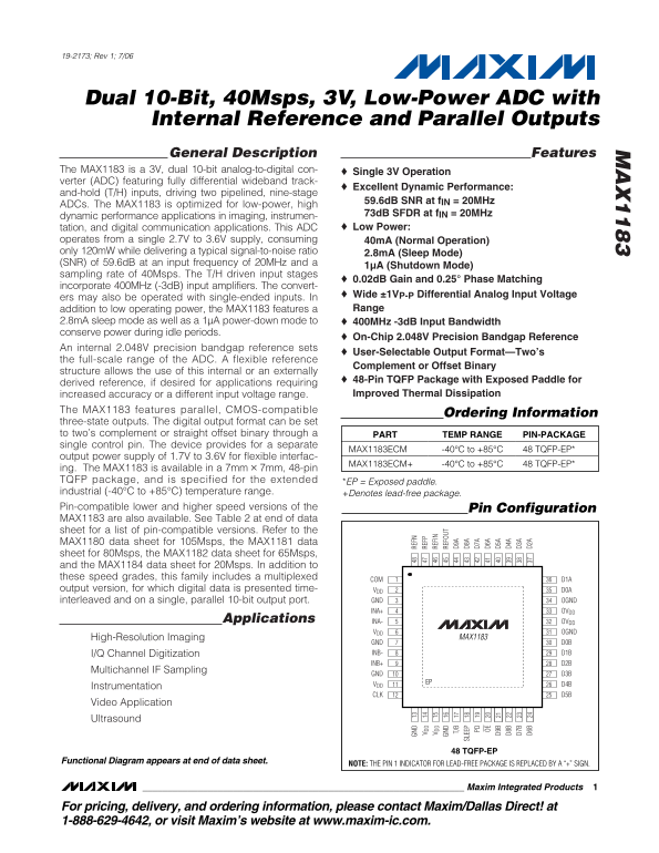 MAXIM MAX1183 Dual 10-Bit, 40Msps, 3V, Low-Power ADC with Internal Reference and Parallel Outputs - Page 1