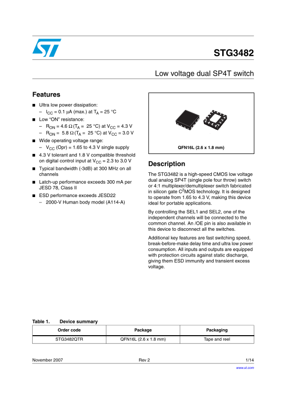 ST STG3482 Low voltage dual SP4T switch Data Sheet manual - Page 1
