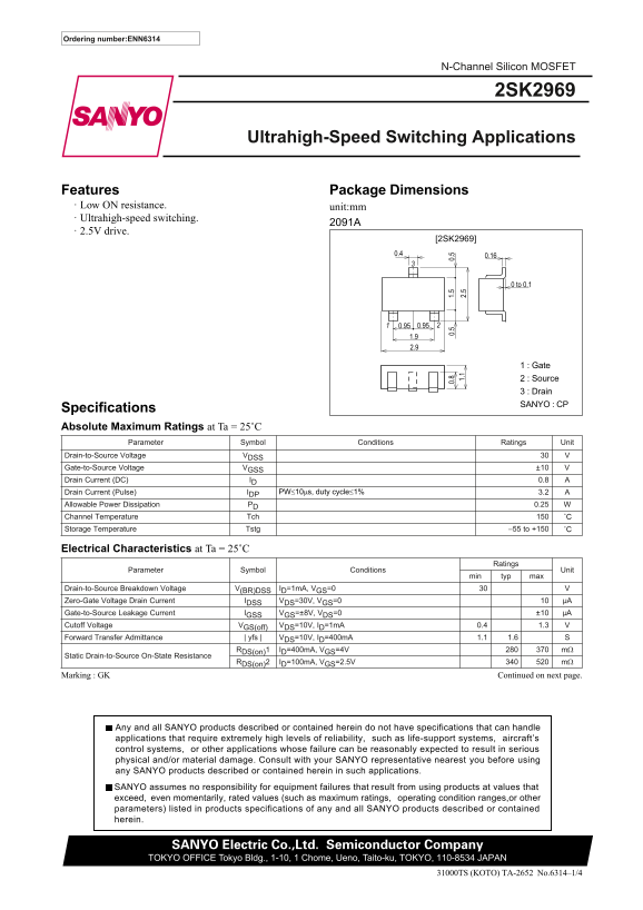 Sanyo Ultrahigh-Speed Switching Applications 2SK2969 Handbook - Page 1