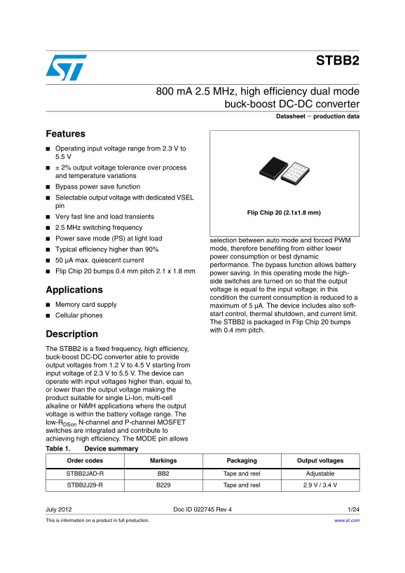 ST STBB2 800mA 2.5MHz High Efficiency Dual Mode Buck-Boost DC-DC Converter Data Sheet User Manual - Page 1