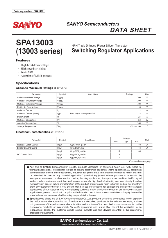 SANYO Semiconductors SPA13003 (Series 13003) Manual - Page 1