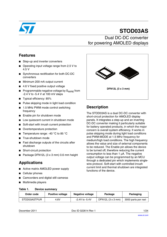 ST STOD03AS Dual DC-DC Converter User Guide - For Powering AMOLED Displays - Page 1