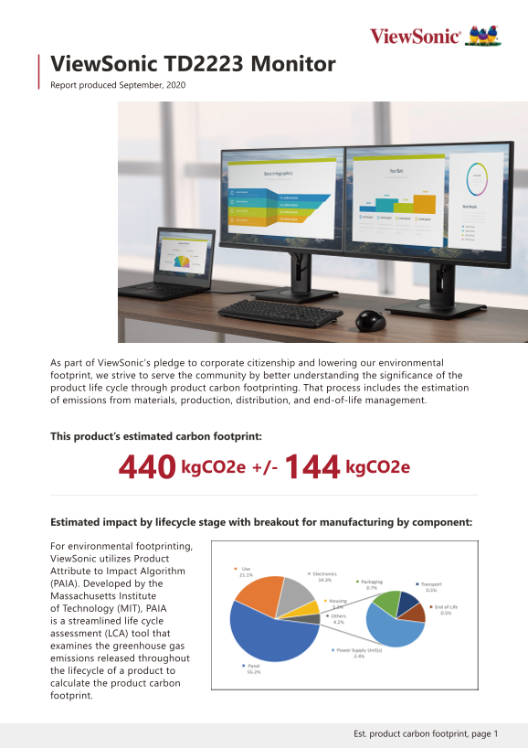 ViewSonic TD2223 Touch Display Series User Guide Carbon Footprint Report Owner's Manual - Page 1