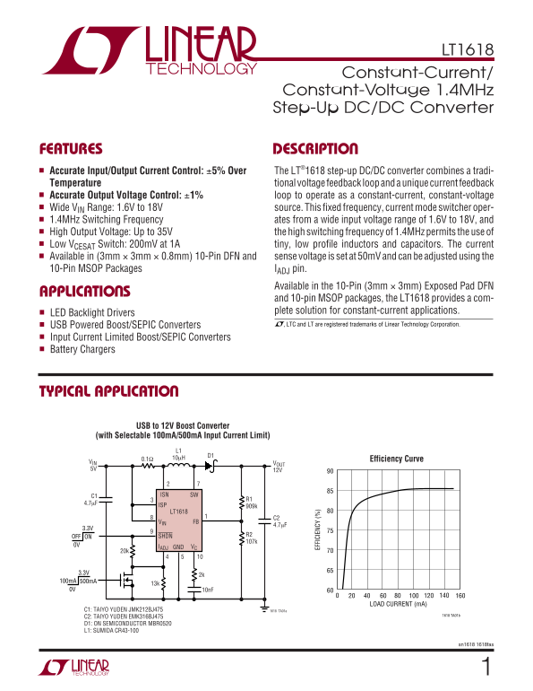 Linear Technology LT1618 Constant-Current Constant-Voltage 1.4MHz Step-Up DC-DC Converter Manual - Page 1