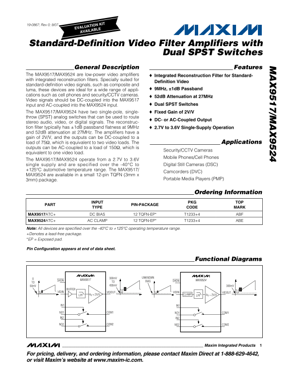 MAXIM MAX9517 MAX9524 Standard-Definition Video Filter Amplifiers with Dual SPST Switches - Page 1