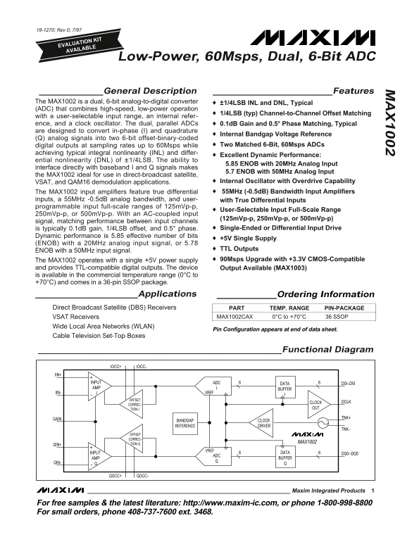 MAXIM MAX1002 Low-Power, 60Msps, Dual, 6-Bit ADC Data Sheet User Manual - Page 1