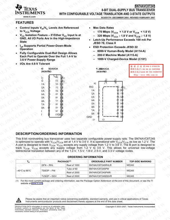 Texas Instruments SN74AVC8T245 Data Sheet - Page 1