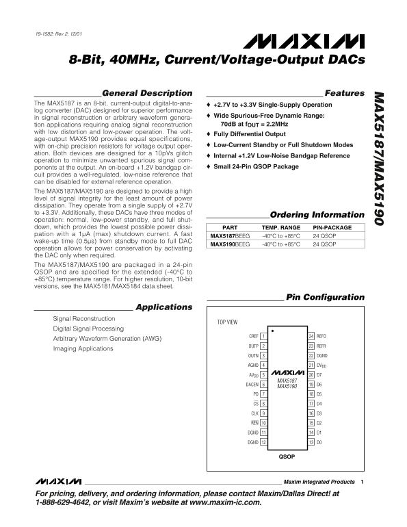 MAXIM MAX5187 MAX5190 8-Bit, 40MHz, Current Voltage-Output DACs - Page 1