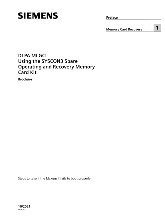 Siemens Industrial SYSCON3 Spare Operating and Recovery Memory Card Kit User Manual - Page 1