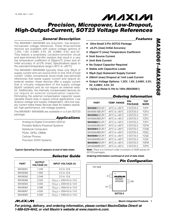 MAXIM MAX6061-MAX6068 Precision, Micropower, Low-Dropout, High-Output-Current, SOT23 Voltage References - Page 1