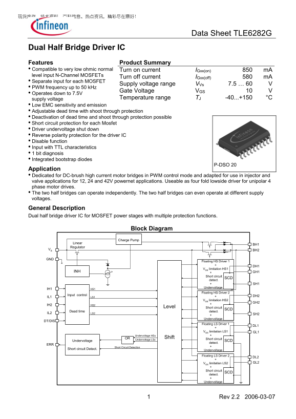 Infineon TLE6282G Dual Half Bridge Driver IC Specifications - Page 1