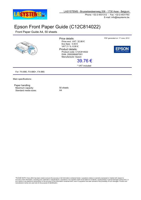 Epson Front Paper Guide (C12C814022) User Manual - Page 1