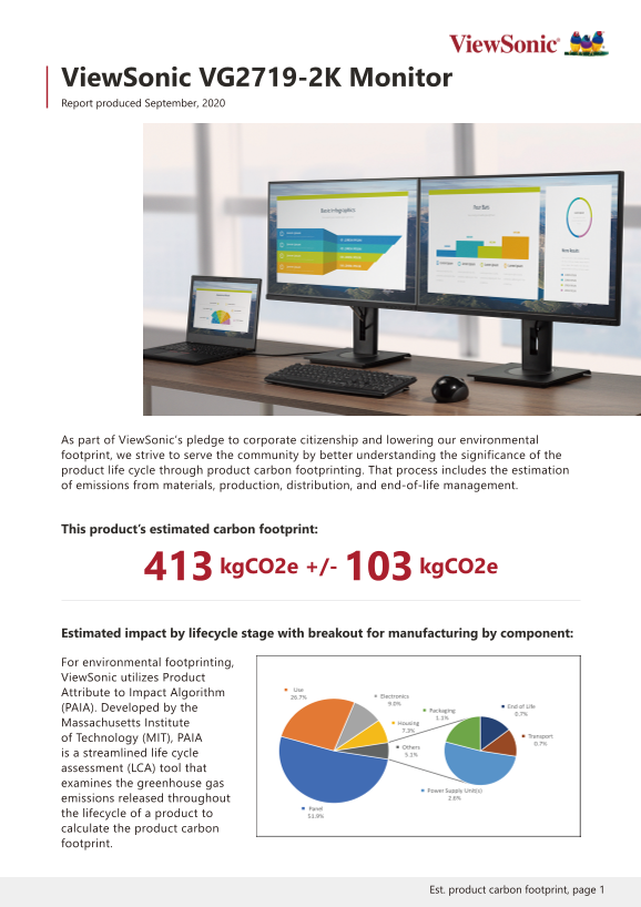 ViewSonic VG2719-2K Commercial Display Series User Guide, Product Specifications Document, and Carbon Footprint Report - Page 1