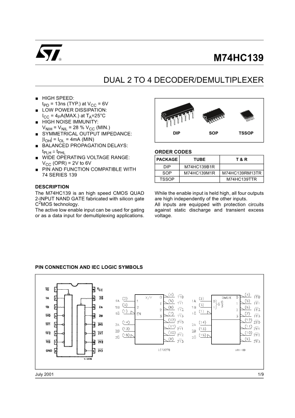 ST M74HC139 Dual 2 to 4 Decoder Demultiplexer Data Sheet - Page 1