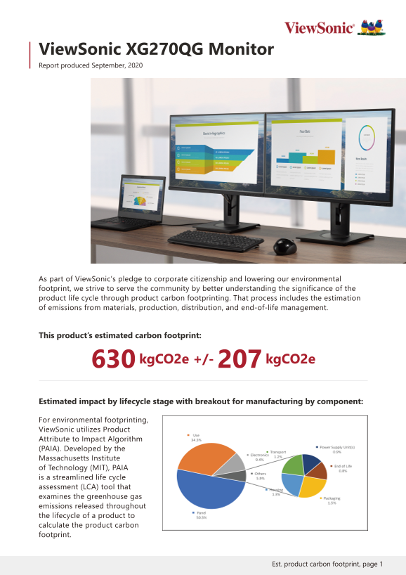ViewSonic XG270QG Gaming Monitor Series User Guide Carbon Footprint Report - Page 1