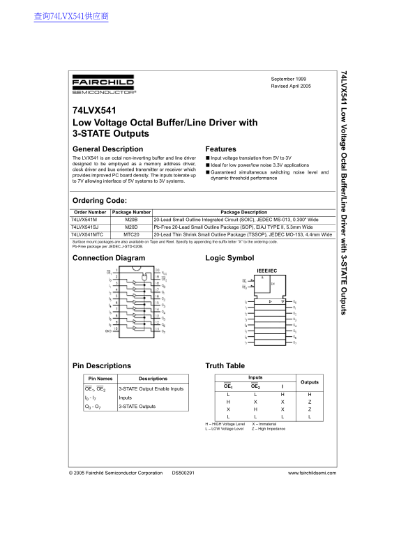 Fairchild 74LVX541 Low Voltage Octal Buffer Line Driver with 3-STATE Outputs Specification Sheet User Guide - Page 1